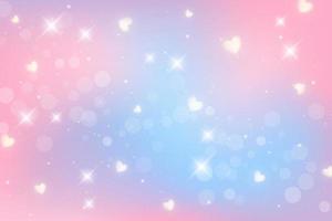 Rainbow fantasy background. Holographic illustration in pastel colors. Multicolored sky with stars and hearts. Vector. vector