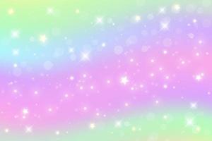 Rainbow fantasy background. Holographic illustration in pastel colors. Cute cartoon girly background. Bright multicolored sky with stars and hearts. Vector. vector