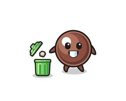 illustration of the tapioca pearl throwing garbage in the trash can vector