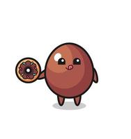 ilustración de un personaje de huevo de chocolate comiendo un donut vector