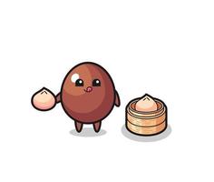 cute chocolate egg character eating steamed buns vector