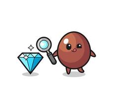 chocolate egg mascot is checking the authenticity of a diamond vector