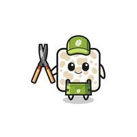 cute tempeh as gardener mascot vector