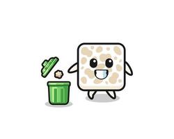 illustration of the tempeh throwing garbage in the trash can vector