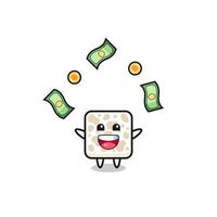 illustration of the tempeh catching money falling from the sky vector