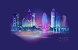 Night City Panorama with Neon Glow on Dark Background. Vector. vector