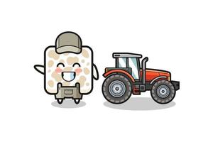 the tempeh farmer mascot standing beside a tractor vector