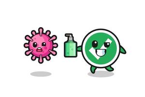 illustration of check mark character chasing evil virus with hand sanitizer vector