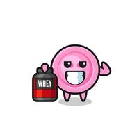 the muscular clothing button character is holding a protein supplement vector