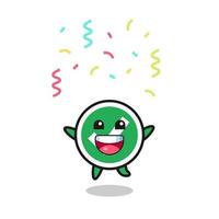 mascota de marca de verificación feliz saltando por felicitación con confeti de color vector