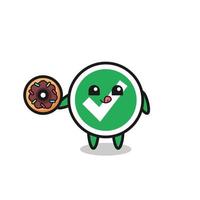 ilustración de un personaje de marca de verificación comiendo una rosquilla vector