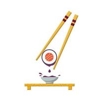 sushi y salsa de soja con ilustración plana de palillos. elemento de diseño de icono limpio sobre fondo blanco aislado vector