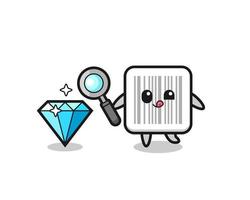 barcode mascot is checking the authenticity of a diamond vector