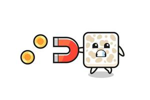 the character of tempeh hold a magnet to catch the gold coins vector