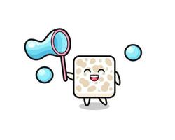 happy tempeh cartoon playing soap bubble vector