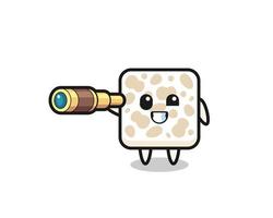 cute tempeh character is holding an old telescope vector