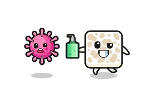 illustration of tempeh character chasing evil virus with hand sanitizer vector