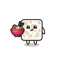 cute tempeh character eating noodles vector