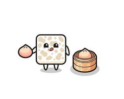 cute tempeh character eating steamed buns vector