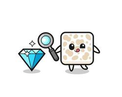 tempeh mascot is checking the authenticity of a diamond vector