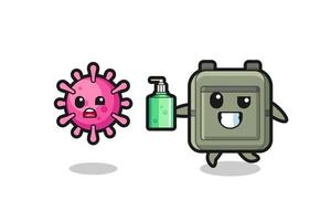 illustration of school bag character chasing evil virus with hand sanitizer vector