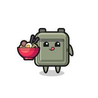 lindo personaje de mochila escolar comiendo fideos vector