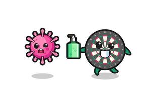 illustration of dart board character chasing evil virus with hand sanitizer vector