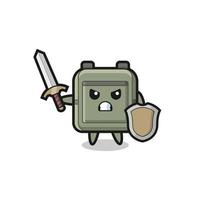 cute school bag soldier fighting with sword and shield vector