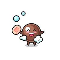 tapioca pearl character is bathing while holding soap vector