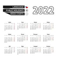 Calendar 2022 in Czech language, week starts on Monday. vector