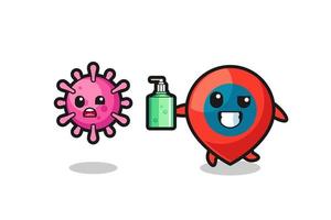 ilustración del personaje del símbolo de ubicación persiguiendo virus malvados con desinfectante de manos vector