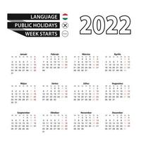 Calendar 2022 in Hungarian language, week starts on Monday. vector