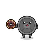 illustration of an barbell plate character eating a doughnut vector