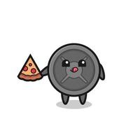 cute barbell plate cartoon eating pizza vector