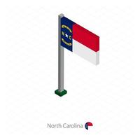 North Carolina US state flag on flagpole in isometric dimension. vector