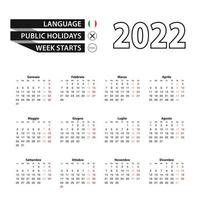 Calendar 2022 in Italian language, week starts on Monday. vector