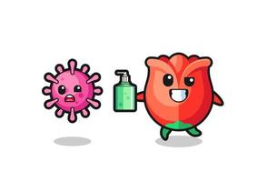 illustration of rose character chasing evil virus with hand sanitizer vector