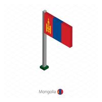 bandera de mongolia en asta de bandera en dimensión isométrica. vector