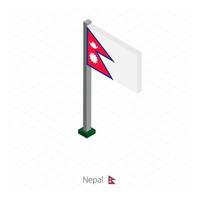 bandera de nepal en asta de bandera en dimensión isométrica. vector