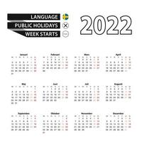 calendario 2022 en idioma sueco, la semana comienza el lunes. vector