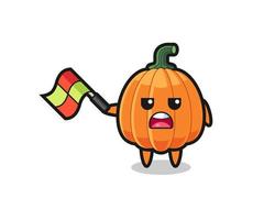 pumpkin cartoon as the line judge hold the flag up at a 45 degree angle vector