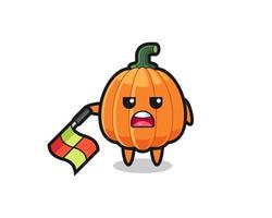 personaje de calabaza como juez de línea mantenga la bandera hacia abajo en un ángulo de 45 grados vector