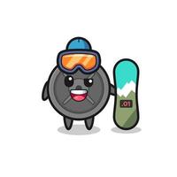 Illustration of barbell plate character with snowboarding style vector