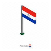 bandera de paraguay en asta de bandera en dimensión isométrica. vector