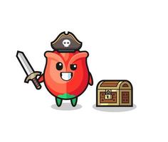 the rose pirate character holding sword beside a treasure box vector