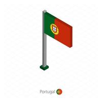 bandera de portugal en asta de bandera en dimensión isométrica. vector