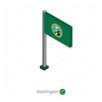 Washington US state flag on flagpole in isometric dimension. vector