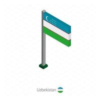 Uzbekistan Flag on Flagpole in Isometric dimension. vector