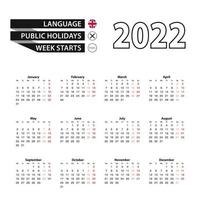 calendario 2022 en inglés, la semana comienza el lunes. vector