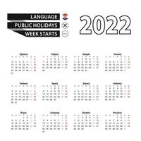 Calendar 2022 in Croatian language, week starts on Monday. vector